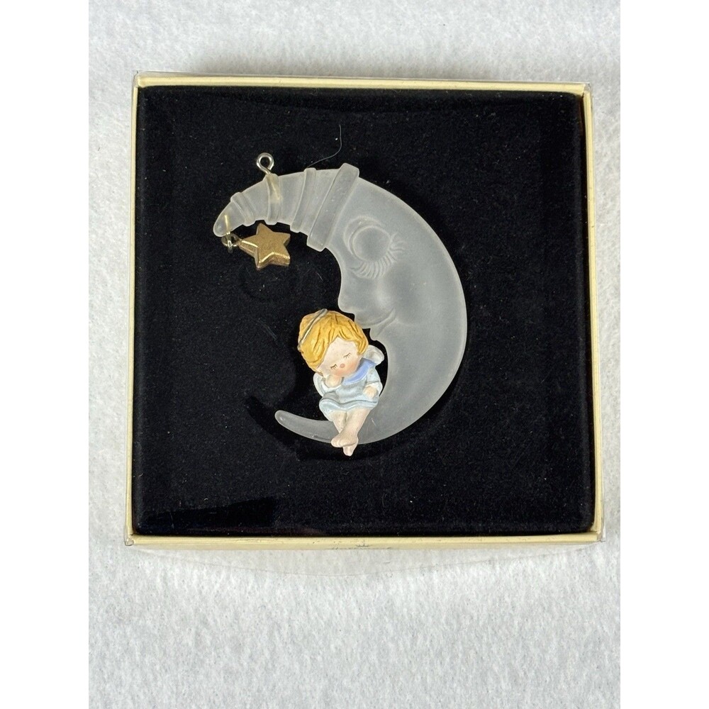 Vintage Hallmark Tree Trimmer Collection Angel on Moon Ornament w/ Display Case